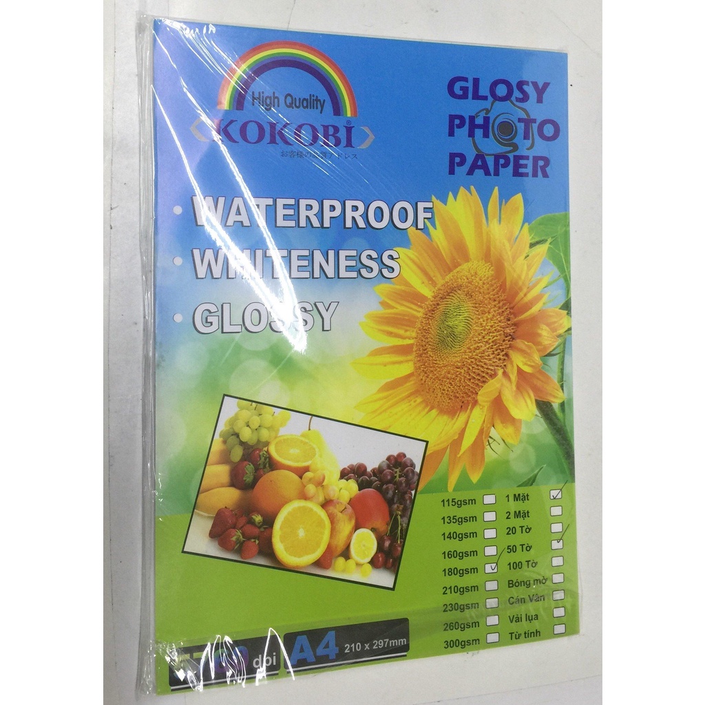 GIẤY IN ẢNH A4 1 MẶT KOKOBI ĐỊNH LƯỢNG 180-230 XẤP 50 TỜ