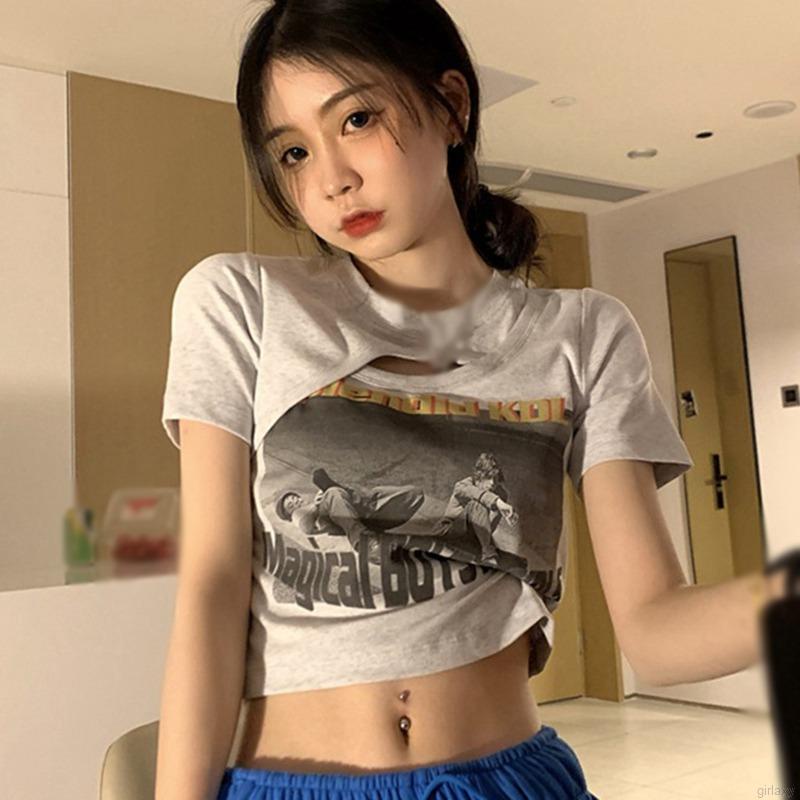 Áo thun croptop tay ngắn thiết kế khoét lỗ độc đáo phong cách Hàn Quốc thời trang mùa hè cho nữ