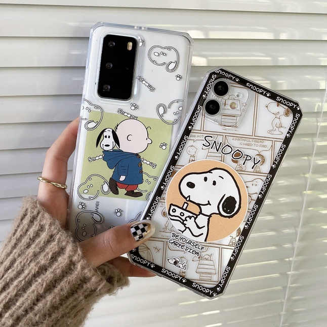 Cartoon Casing Samsung Galaxy S22 S22+ S21 S21+ S20 S20+ S10 S10+ FE Note 20 10 Ultra Plus Lite 4G 5G Snoopy Charlie Brown Straight Edge Clear Soft Phone Back Case Cover WET 07