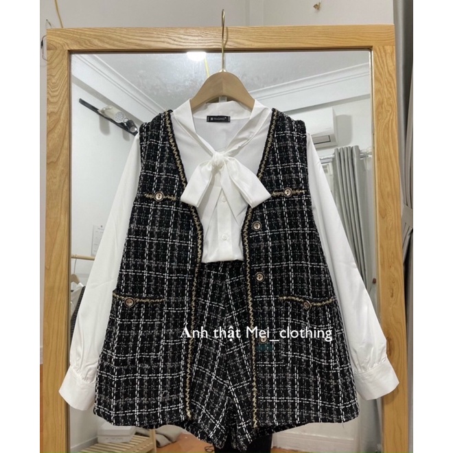 [ Ảnh thật/video] Set dạ tweed 3 món gồm quần short, áo gile và sơmi sang chảnh