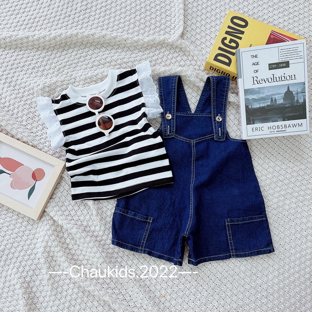 Quần yếm kèm áo thun bé gái, quần yếm bò áo kẻ tay hến bèo ren dễ thương cho bé