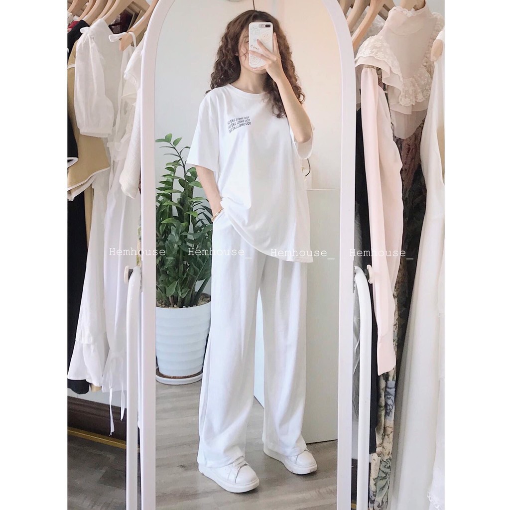 Đồ bộ nữ 🦋 bộ thun màu trắng áo phông thụng và quần dài ống rộng dáng xuông đồ mặc ở nhà hay đi chơi thể dục