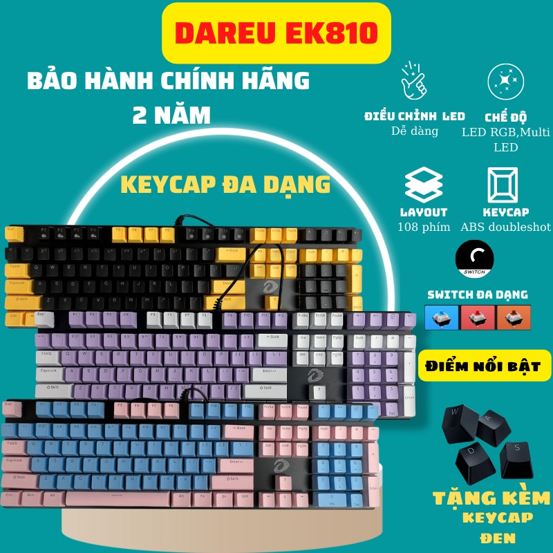 Bàn phím cơ gaming red switch brown blue switch EK810 full size led nhiều màu đổi màu chính hãng Dareu - Bảo hành 2 năm