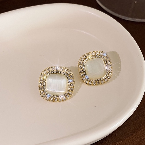 Bông Tai Mạ Bạc 925 Hình Vuông Đính Đá Quý Thời Trang Phong Cách Hàn Quốc Cho Nữ