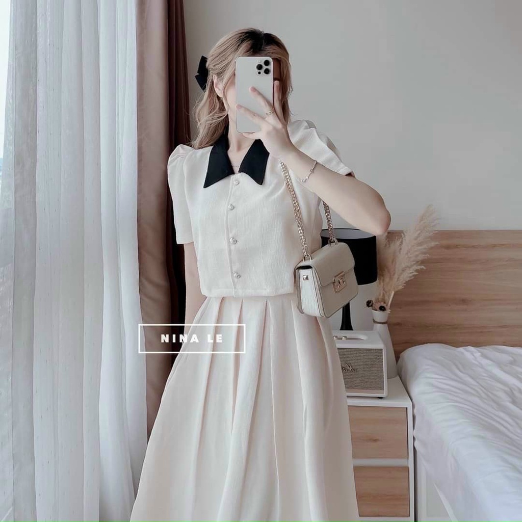 Sét bộ đồ nữ áo cài nút thật tay ngắn kèm chân váy xòe sang trọng màu sắc nhã nhặn phù hợp dự tiệc, dạo phố