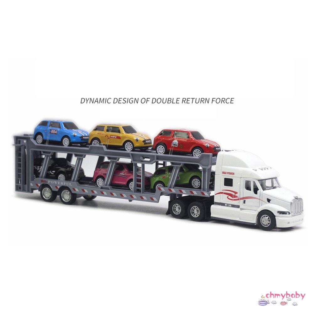 【OMB】 Car Carrier Model Big Rig Truck Hauler Trailer With 6 Race Cars Carrier Toy