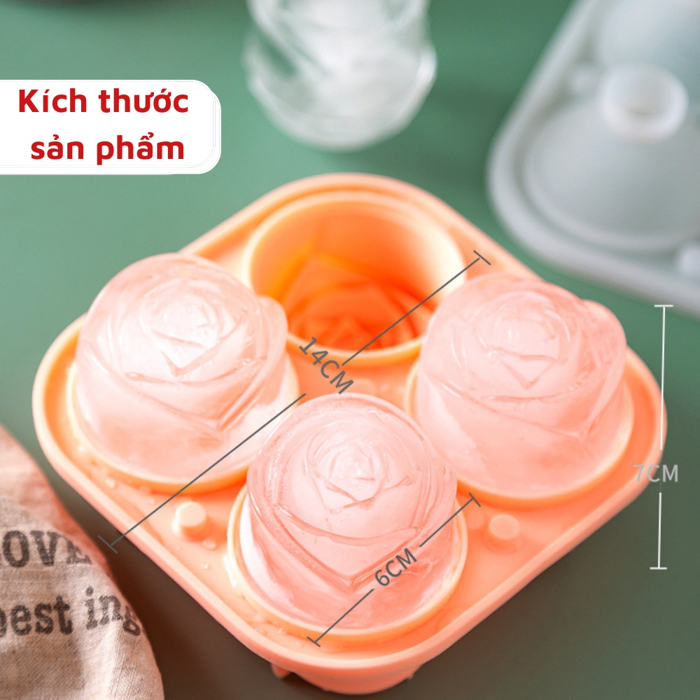 Khay Làm Đá 4 Viên, Khuôn làm Đá Silicon Hình Hoa Hồng, Dễ Dàng Lấy Đá, Khay Làm Thạch Hoa Quả Có Nắp Đậy Tiện Dụng