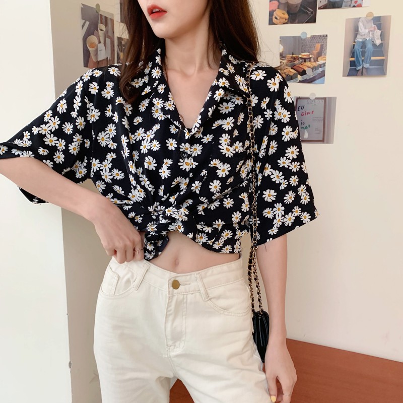 Áo sơ mi nữ SUXI tay ngắn dáng rộng họa tiết hoa cúc thời trang