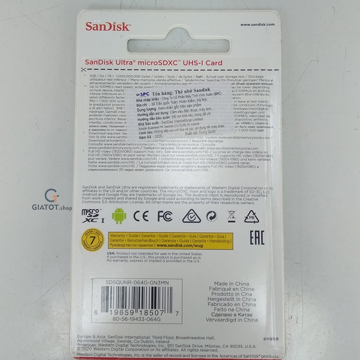 Thẻ Nhớ MicroSD SanDisk Ultra 64GB 100MB/s - Hàng Chính Hãng