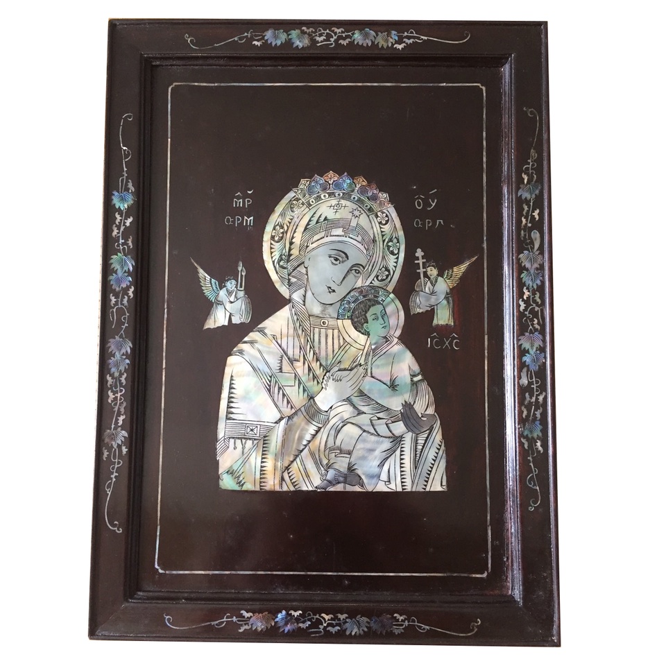 Tranh công giáo Đức mẹ, chất liệu gỗ gụ khảm trai chất lượng cao, bền đẹp, KT 36 x 26 cm, đồ trang trí, khung tranh