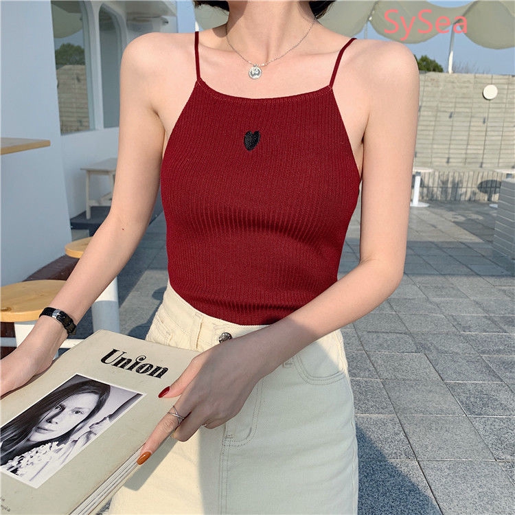 Áo yếm dệt kim thêu họa tiết trái tim dáng ôm dành cho nữ