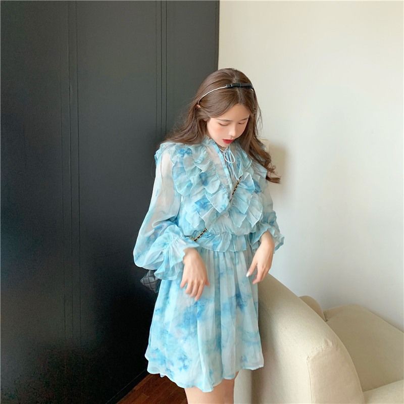 M139 - Váy voan công chúa Ulzzang cổ trụ thắt nơ viền bèo eo chun dài tay loang màu nhẹ nhàng