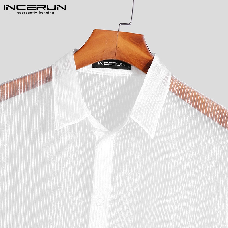 Áo sơ mi INCERUN tay ngắn họa tiết kẻ sọc thời trang cho nam