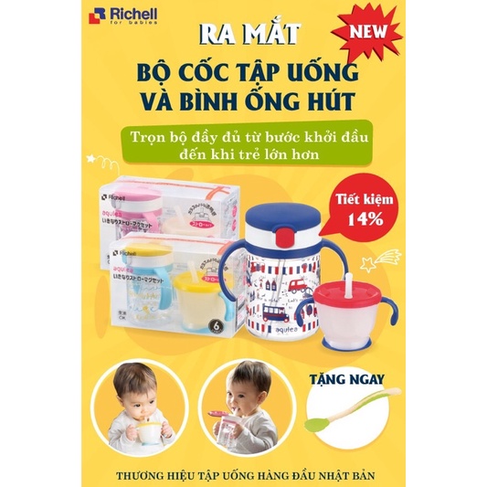 BỘ CỐC TẬP UỐNG 3 GIAI ĐOẠN &amp; BÌNH ỐNG HÚT AQ tặng thìa Richell