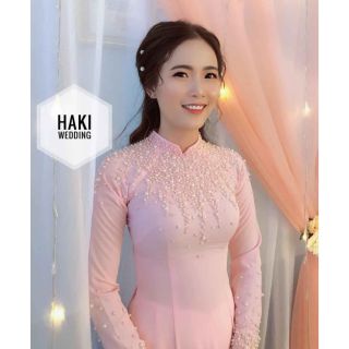 Áo dài lụa màu hồng đính hạt( ảnh thật)