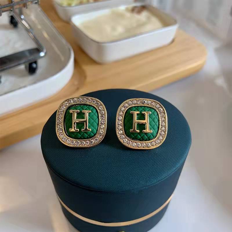 Bông Tai Hình Vuông Đính Đá Họa Tiết Chữ H Phong Cách Nhật Bản Thời Trang Cho Nữ