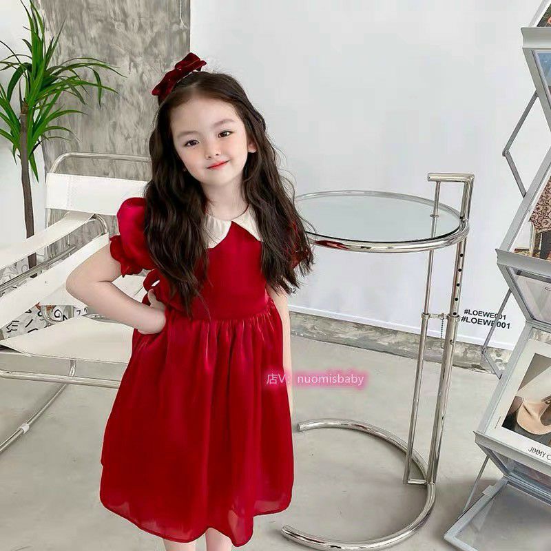 VÁY TƠ ĐỎ BÉ CỔ SEN MÀU BE CHO BÉ GÁI