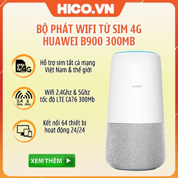 Bộ Phát Wifi 4G Huawei B900  AI Cube Tốc Độ LTE CAT6 300Mb - Băng Tần Kép 2,4Ghz &amp; 5GHz - Hỗ Trợ 64 User - Công Suất Lớn