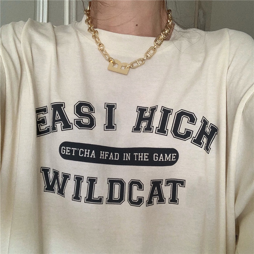 Áo thun tay ngắn cổ tròn in họa tiết chữ giản đơn kiểu Hàn cổ điển dễ phối đồ cho nữ