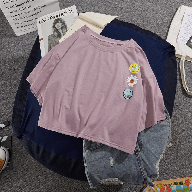 [FREESHIP ĐƠN TỪ 50K] Áo croptop logo 3 hình mặt cười hoa cúc HARI0320