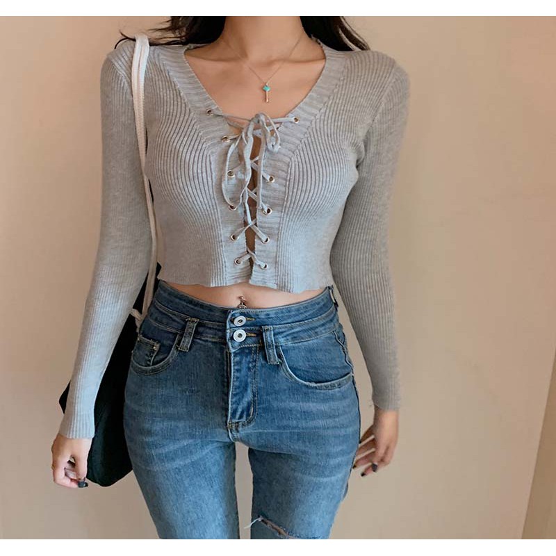 Áo Croptop Tay Dài Cổ Chữ V Phong Cách Hàn Quốc Cho Nữ | BigBuy360 - bigbuy360.vn