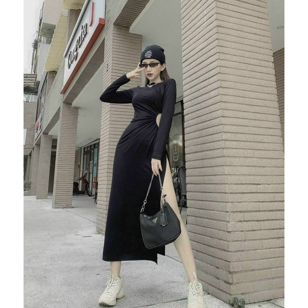 Váy body sexy, đầm maxi tay dài rút dây eo, váy ôm body xẻ tà màu đen cá tính - HN6