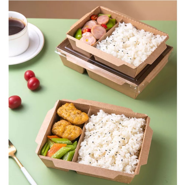 Lốc 10 cái Hộp kraft nắp kính rời có 2 ngăn 1600 ml -Lốc 10 cái