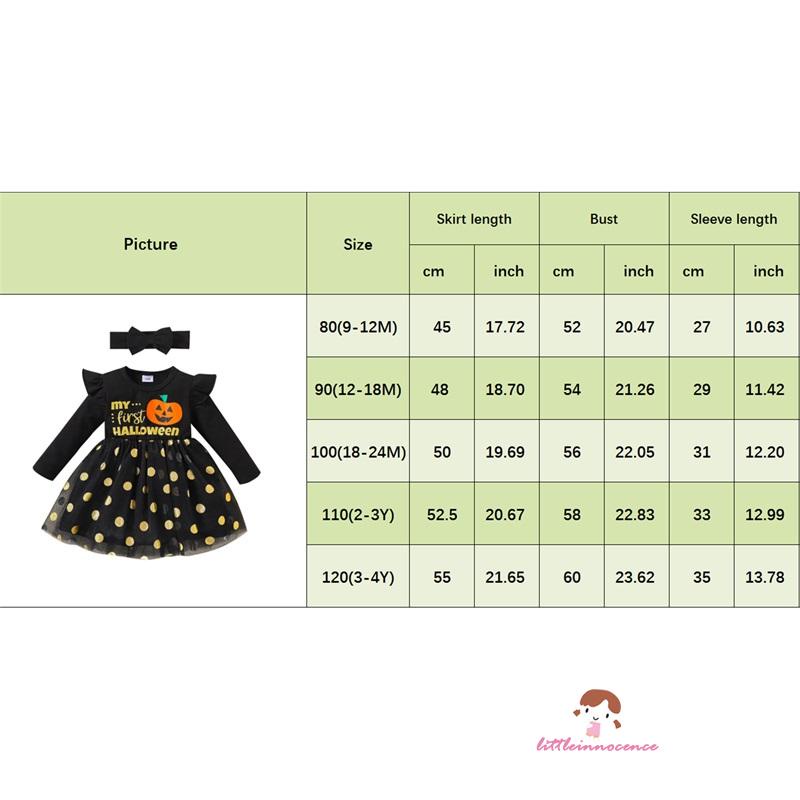 Đầm Tay Dài In Họa Tiết Mặt Bí Ngô Và Chấm Bi Đen Thời Trang Halloween Cho Bé Gái