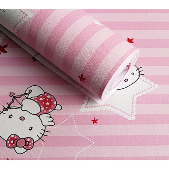 Decal giấy dán tường kitty sọc hồng khổ rộng 45cm có sẵn keo