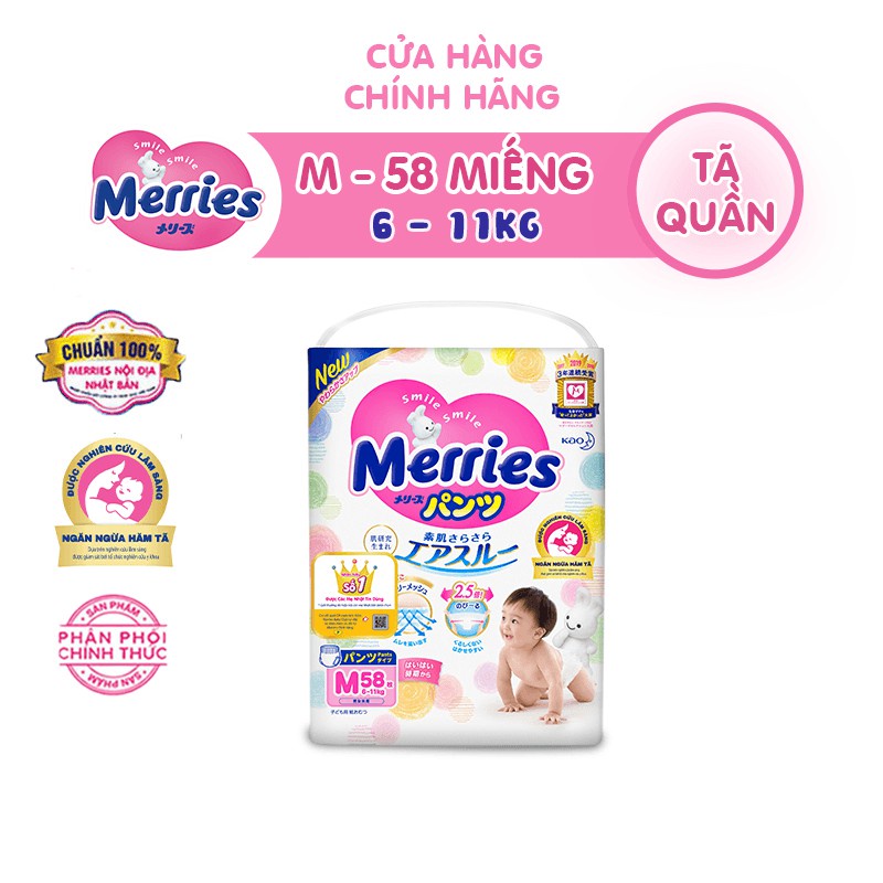 Tã quần Merries M58+6 / L44+6 / XL38+6 / XXL26+2  Siêu thấm