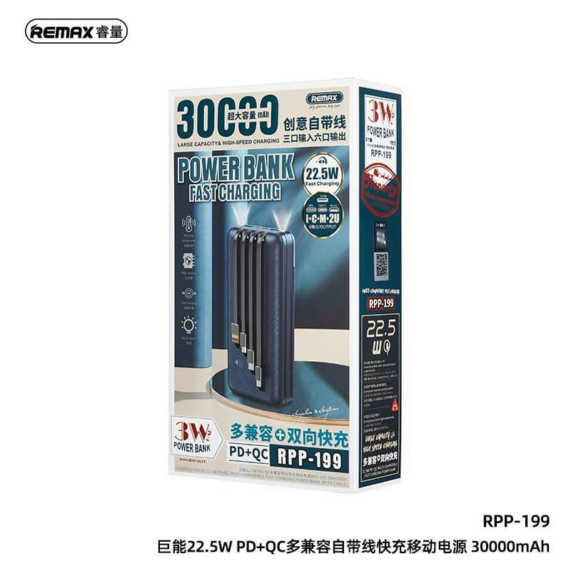 Pin Sạc Dự Phòng Remax RPP-199 30.000mAh QC3.0 22.5W - 3 Inputs 6 Outputs