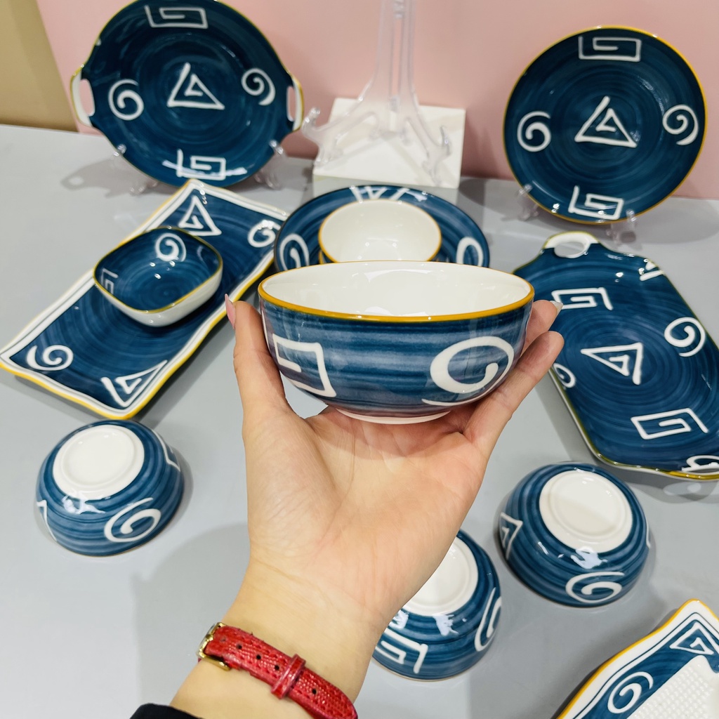 Bộ bát đĩa set Xoáy 22 món gốm sứ xanh Bắc Âu