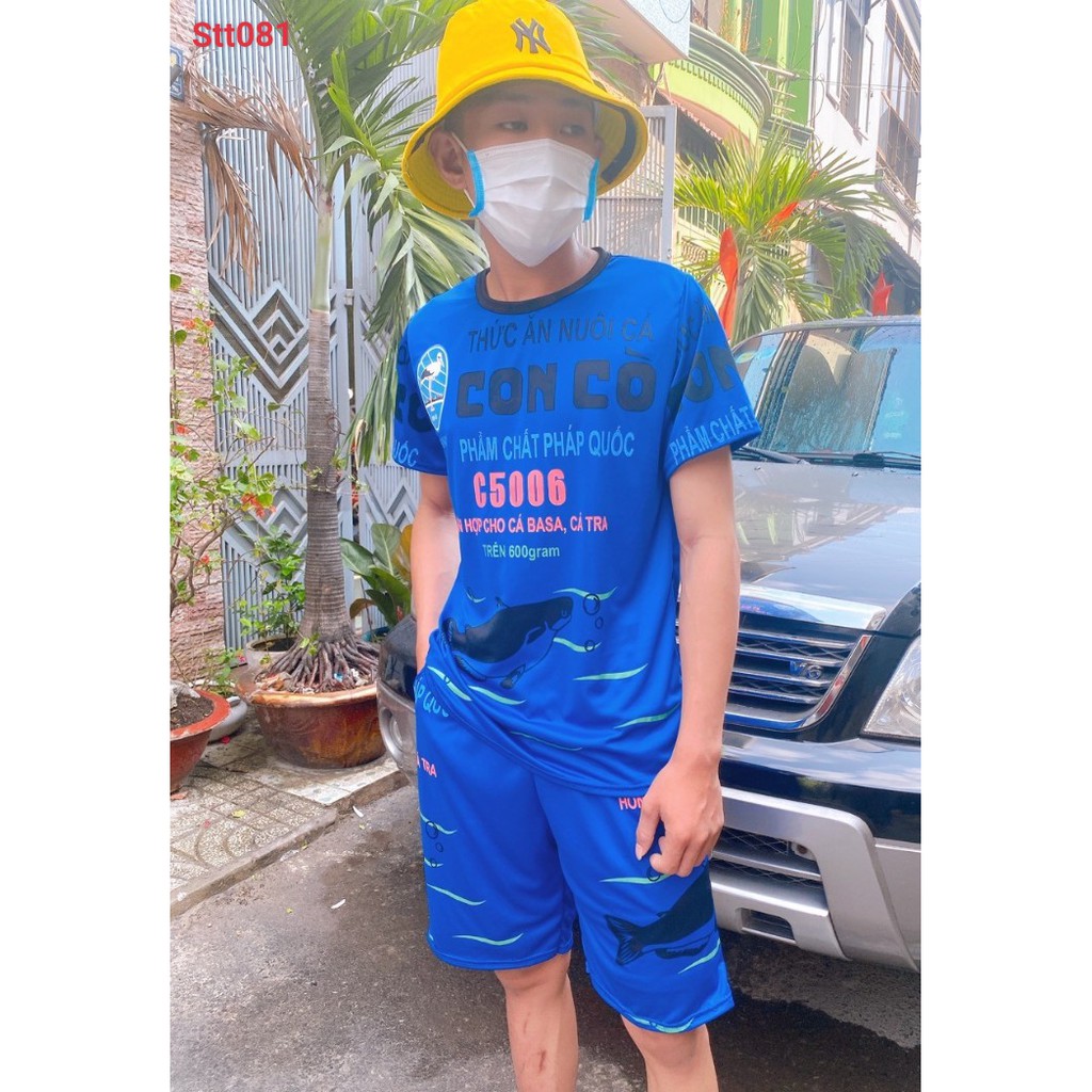 BỘ thun nam hè cám con cò màu xanh chất thun lưới mè nhẹ mát 1 form dưới 70kg