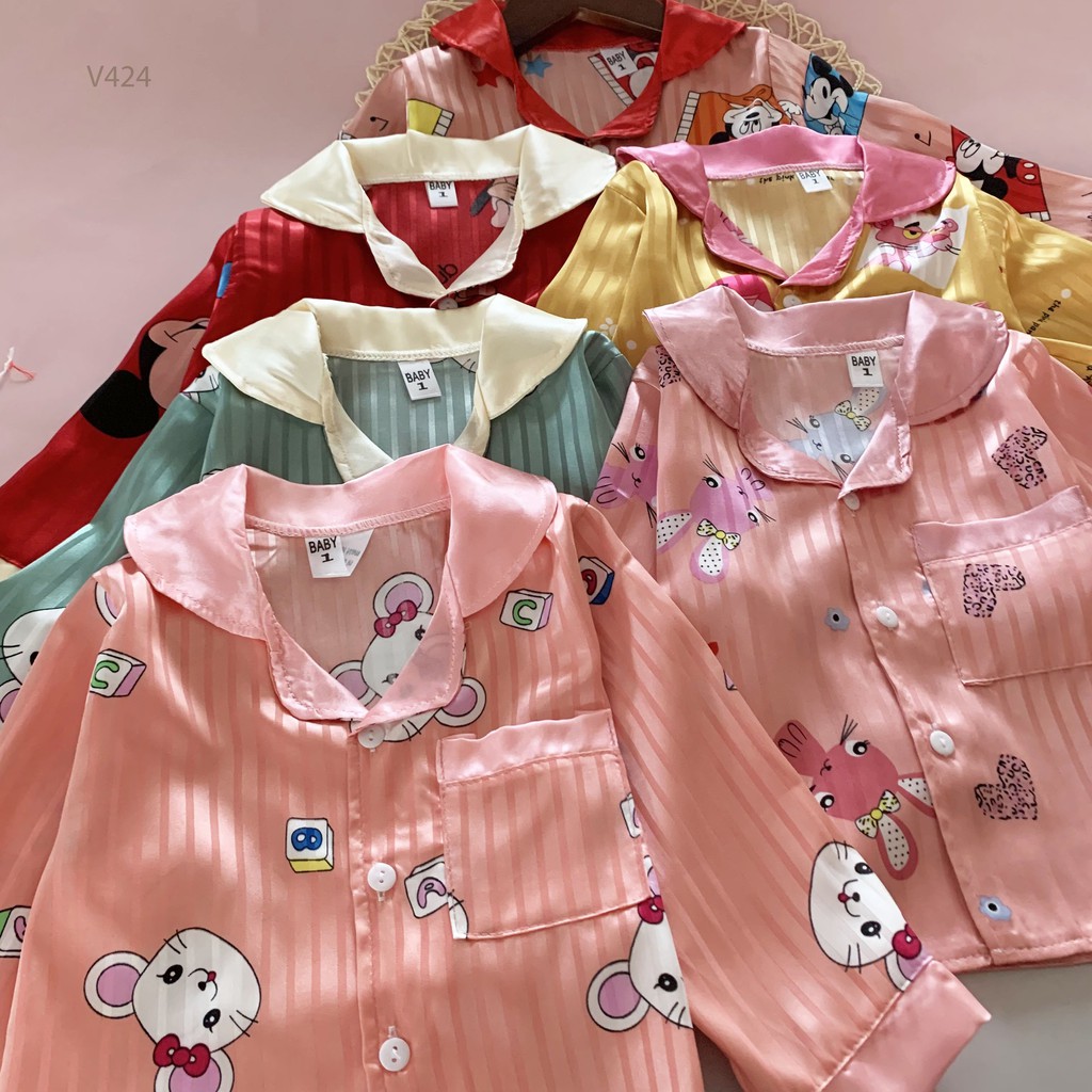 Bộ Pijama Dài Tay Chất Gấm Thượng Hải Cao Cấp 6 Màu Họa Tiết Dễ Thương Cho Bé Unchi Store (V424)