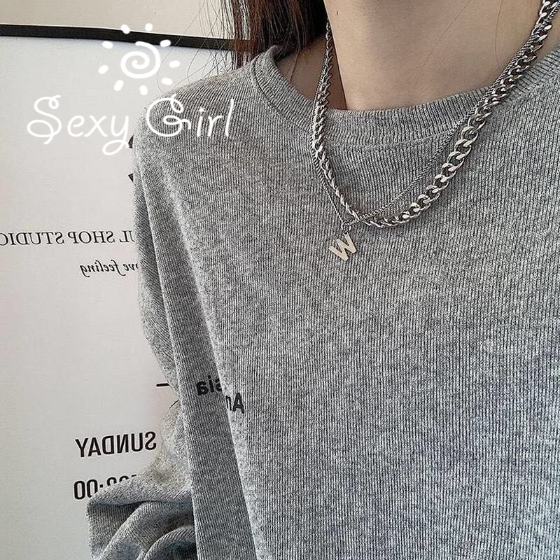 Vòng cổ choker hai lớp mặt chữ W phong cách hip hop Hàn Quốc trẻ trung