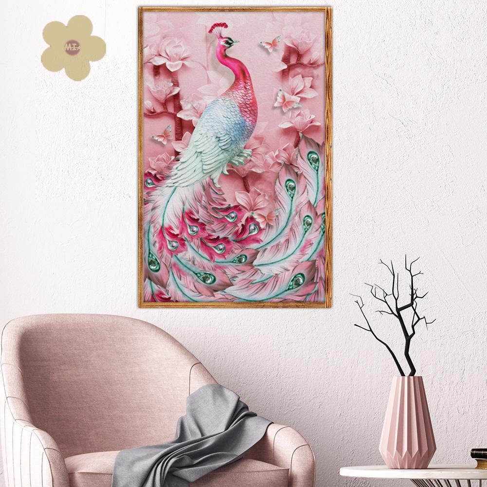 Tranh đính đá 5D họa tiết chim công màu hồng độc đáo DIY dùng trang trí nhà cửa