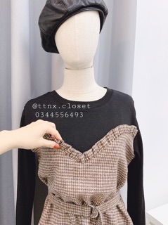 SALE OFF Váy dạ kẻ thắt eo TTNX