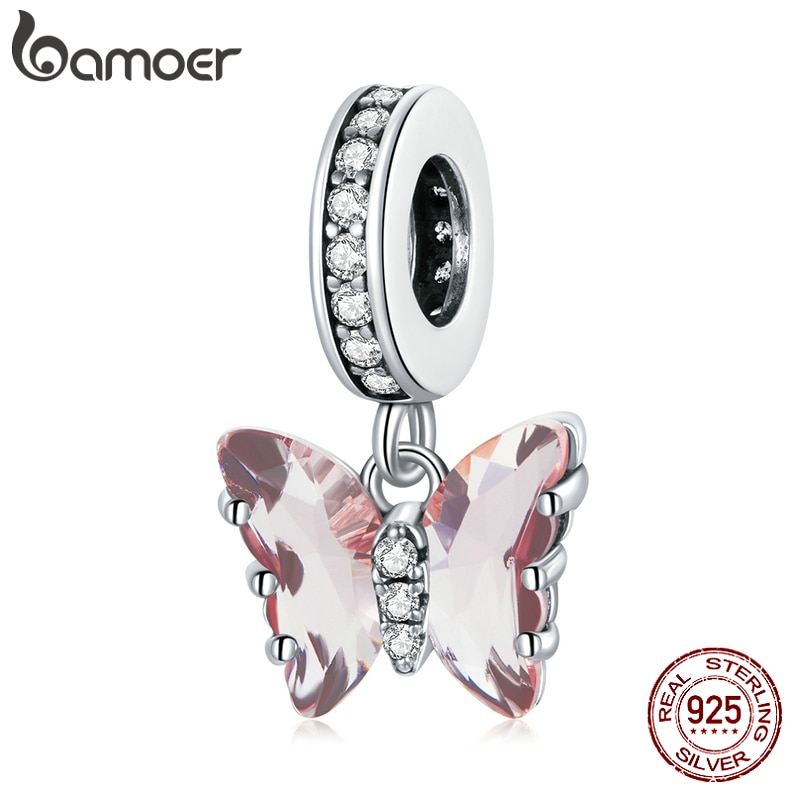 Mặt Vòng Tay/Vòng Cổ Bamoer BSC423 Bạc 925 Hình Bướm Hồng Mộng Mơ Cho Nữ