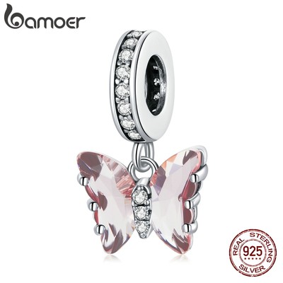 Mặt Vòng Tay/Vòng Cổ Bamoer BSC423 Bạc 925 Hình Bướm Hồng Mộng Mơ Cho Nữ