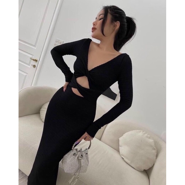 Đầm Cổ V Xoắn Eo Dáng Dài Ôm Body, váy dự tiệc sang chảnh sexy