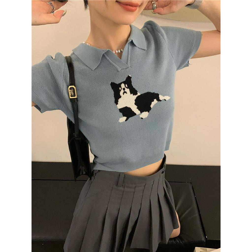 ZHELIHANGFEI Áo len dệt kim phong cách Hàn Quốc POLO cổ mèo jacquard phần mỏng mỏng phù hợp với tất cả các trận in áo đi làm ins