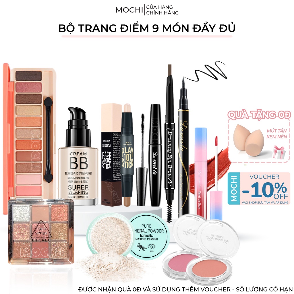 Bộ Trang Điểm Makeup 9 Món Đầy Đủ Kem Nền BB l Phấn Phủ l Chì Kẻ Mày l Mascara l Phấn Mắt l Tạo Khối l Má Hồng l Son Môi