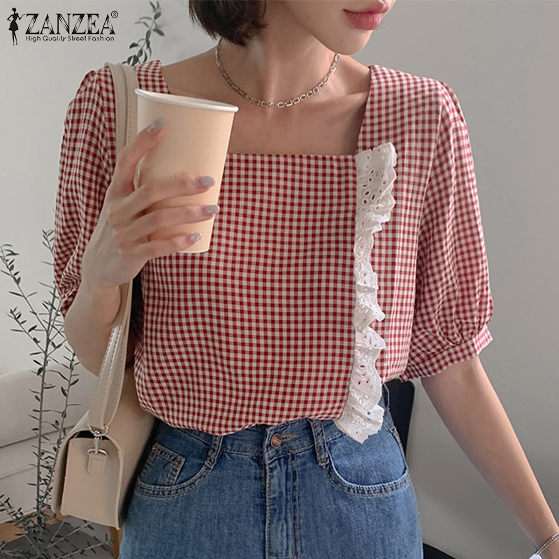 Zanzea Áo Nữ Tay Ngắn Cổ Vuông Phối Ren Thời Trang Hàn Quốc