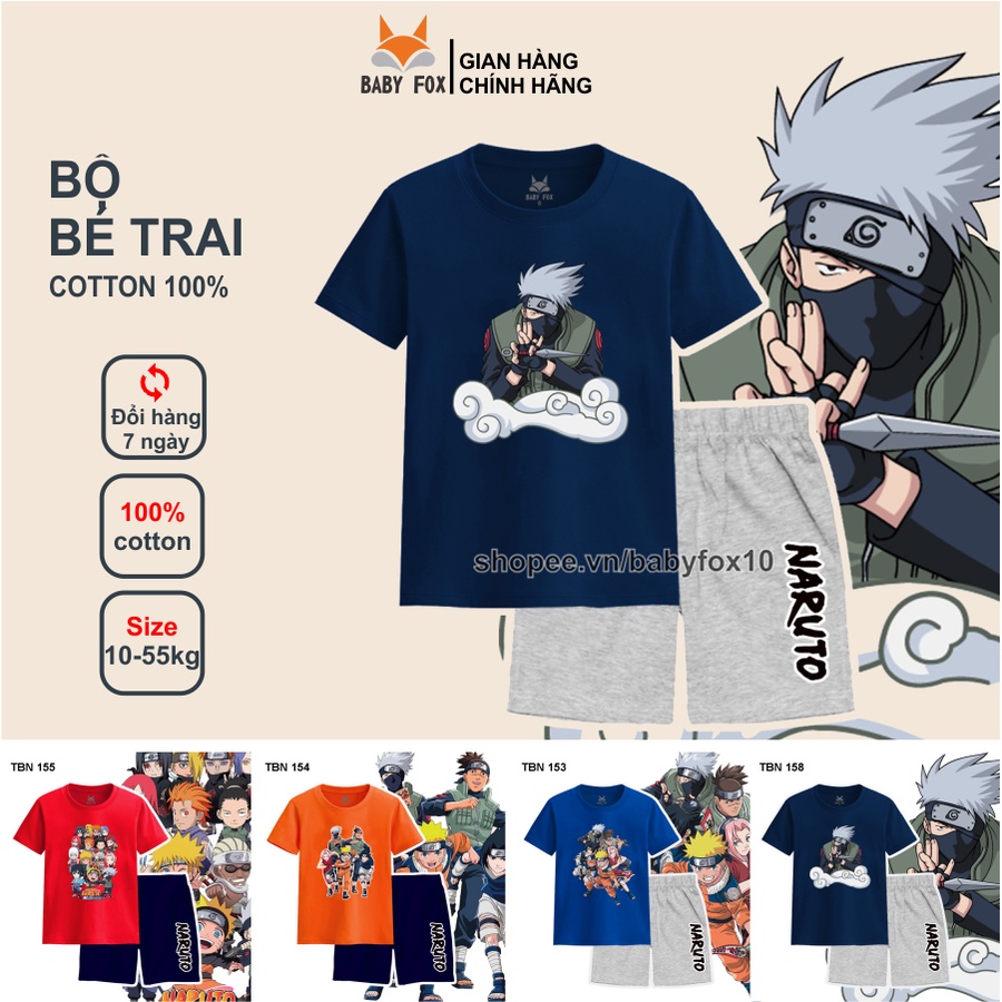 Bộ thun bé trai 100% cotton loại tốt, thương hiệu BABY FOX, hình Naruto, size nhí trung, đại l