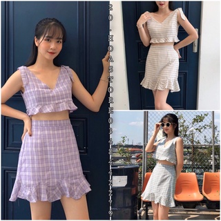 Set áo croptop caro cổ v viền bèo mix chân váy kẻ đuôi cá ulzzang