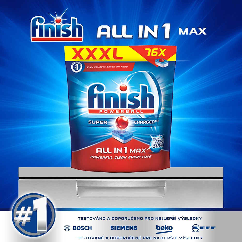 Túi 76 viên rửa chén Finish All In 1 Max Dishwasher Tablets Baking Soda QT04590, Viên nén rửa chén bát