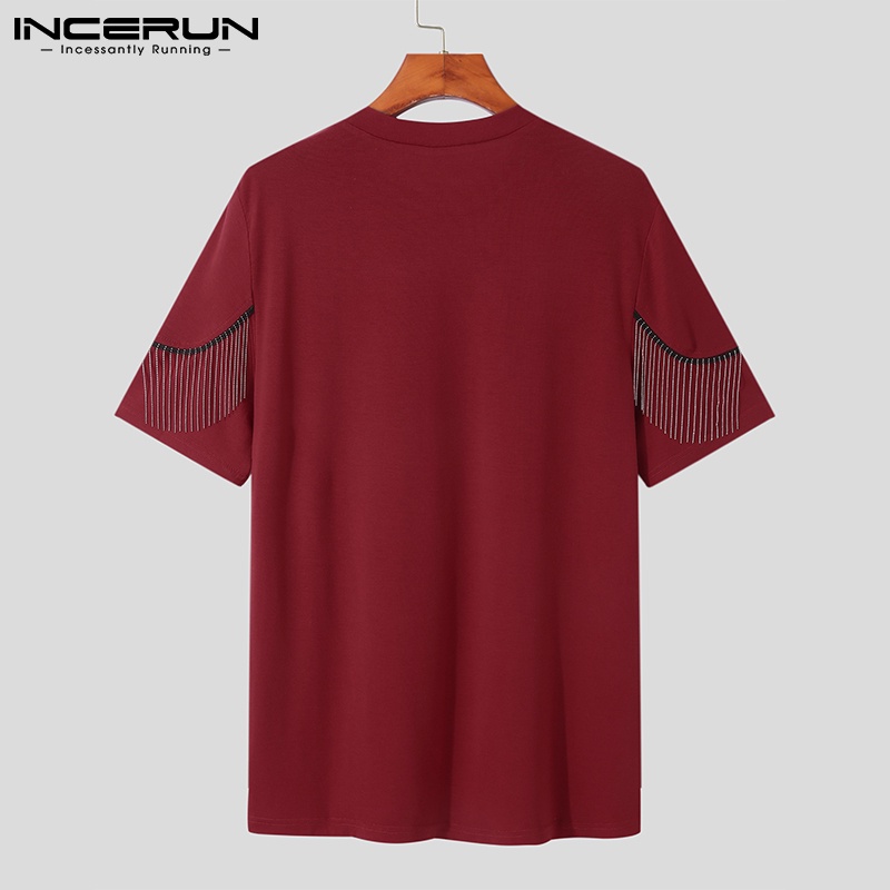 Áo thun INCERUN ngắn tay cổ tròn phối tua rua 3 màu tùy chọn phong cách thời trang cho nam