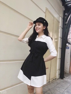 Đầm sơmi trắng phối sọc