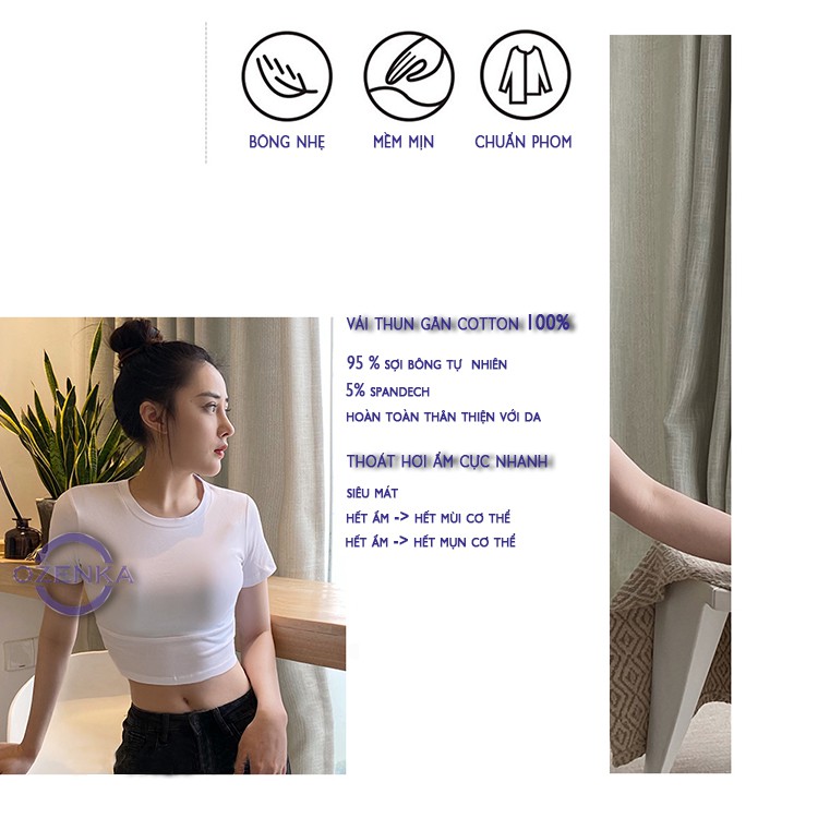 Áo croptop ôm nữ trắng đen 100% cotton OZENKA , áo crt thun gân body đẹp basic sang chảnh freesize dưới 55 kg