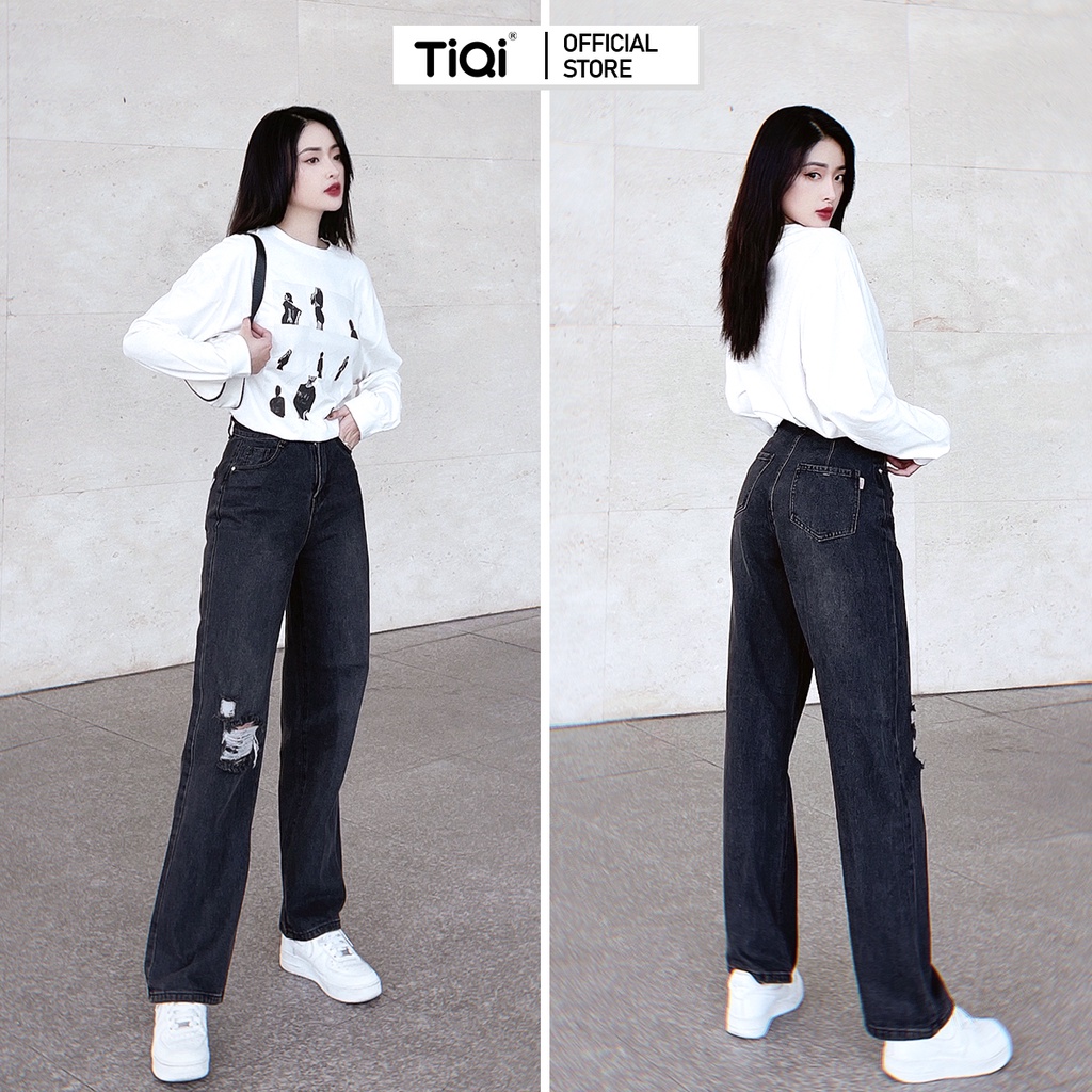 Quần jean ống rộng nữ rách gối màu xám đen cao cấp TiQi Jeans B2-216
